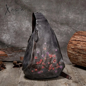 Xajzpa - Embossed Floral Womenโs Retro Chest Bag Lady Genuine Cowhide Leather Crossbody Bags